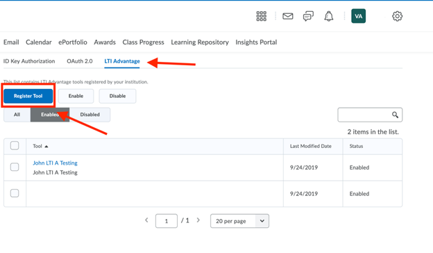 LTI Advantage window showing a Register Tool blue button on the left side 