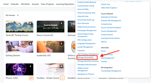 Settings menu with a list of options selecting Manage Extensibility