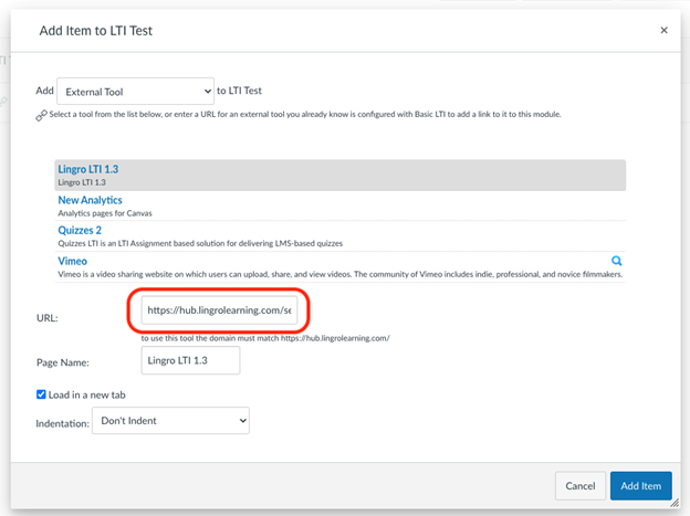 Add Item to LTI Test window showing the URL box
