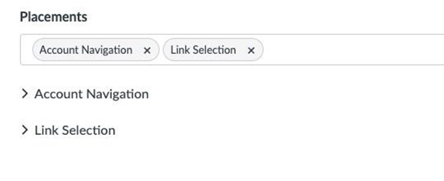 Placements window showing Account Navigation and Link selection