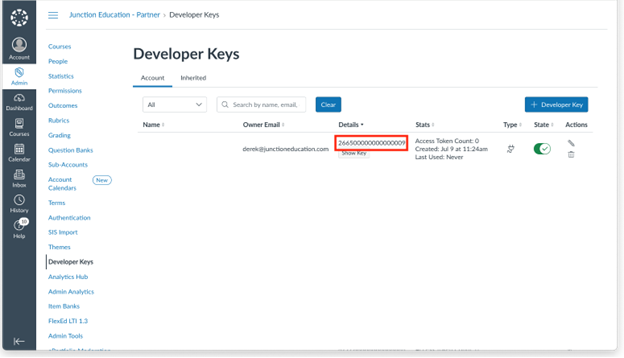 Developer Keys window showing the client ID under details