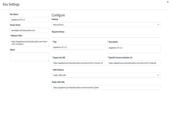 Key Settings window showing configuration details