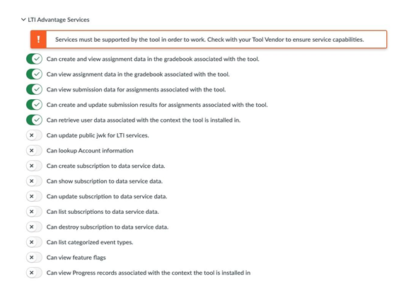LTI Advantage Services list displaying the first 5 options enabled
