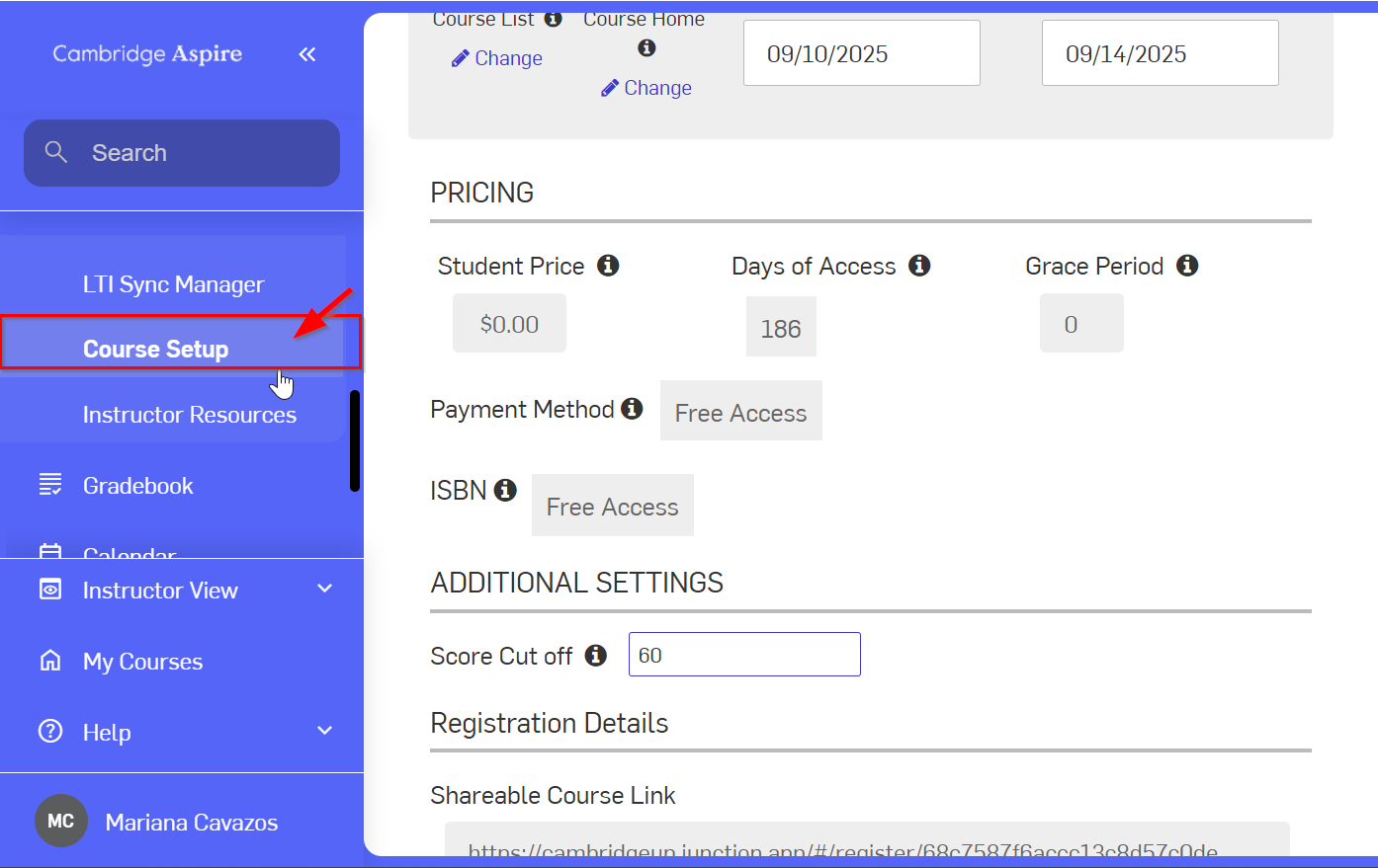 Course Setup option selected from the Instructor Tools menu located on the left.png