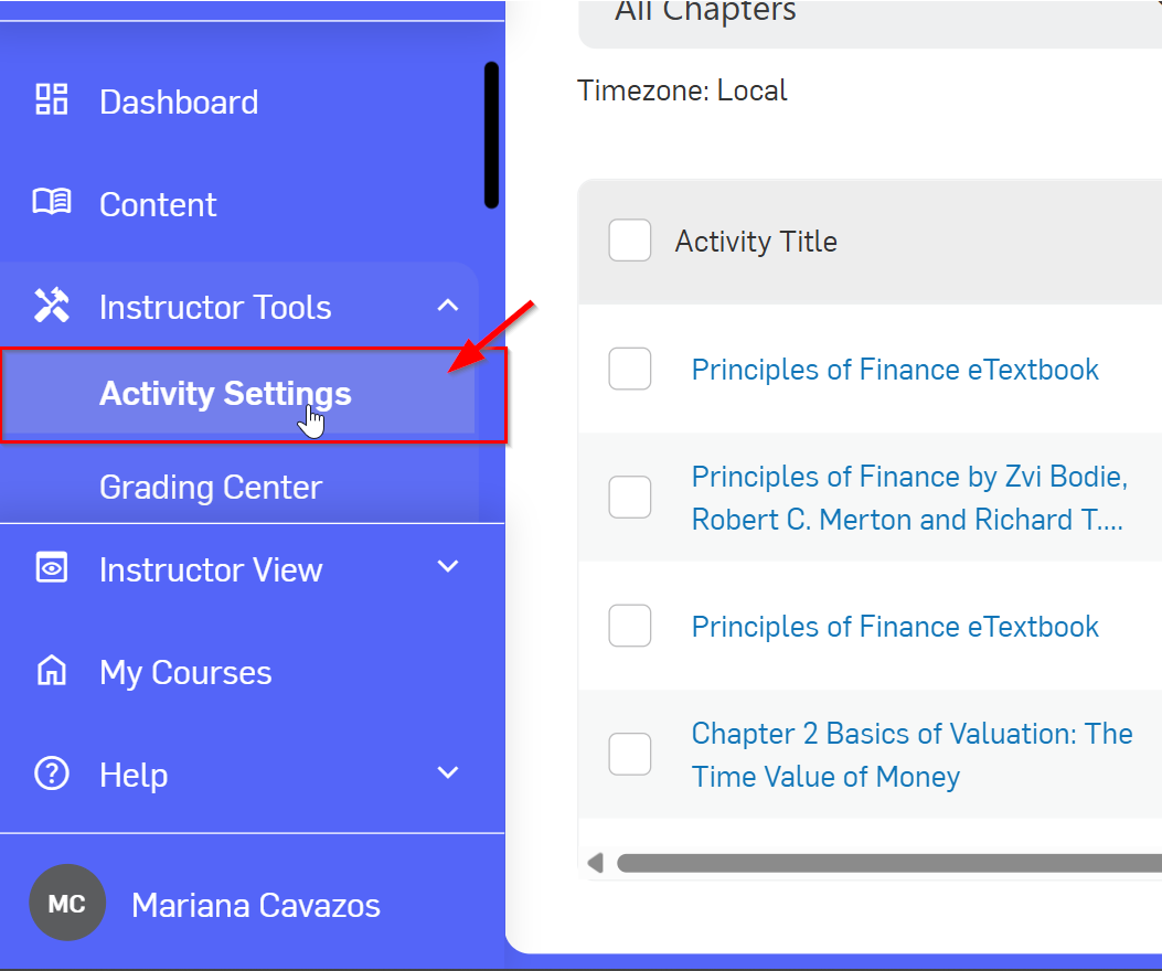 Activity settings chose under Instructor Tools on the left menu
