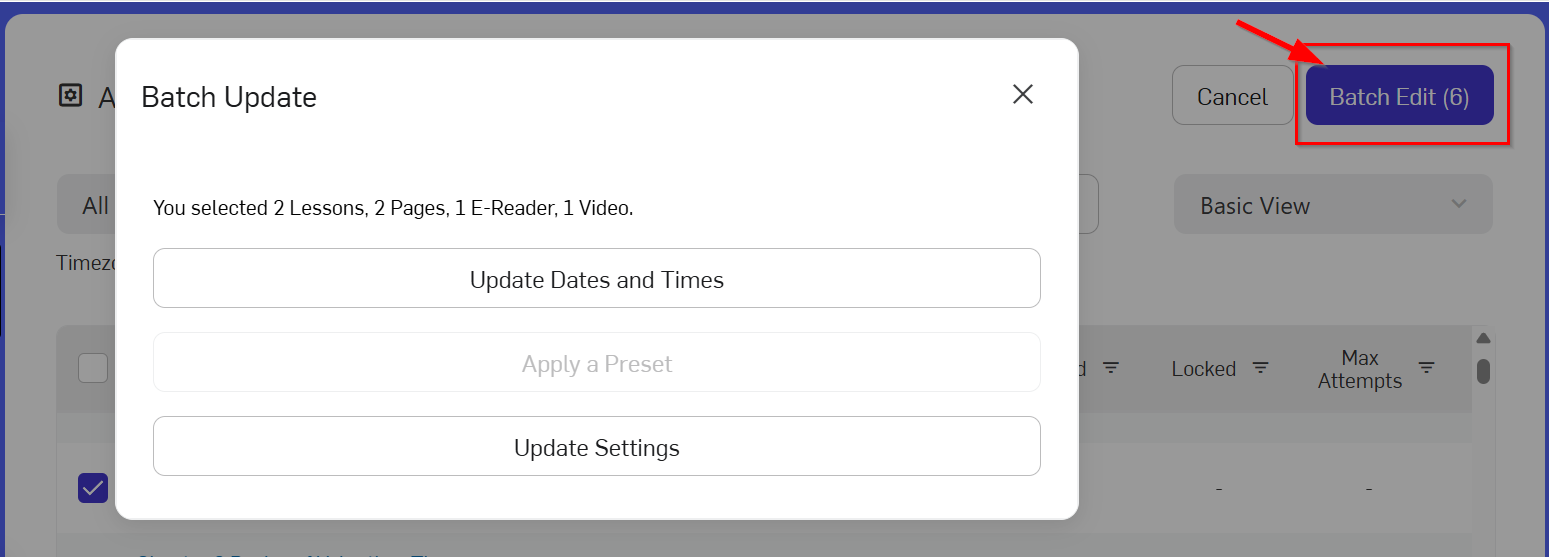 Batch Edit button selected on the right, box displayed with the options to Update Dates and Times and Update Settings