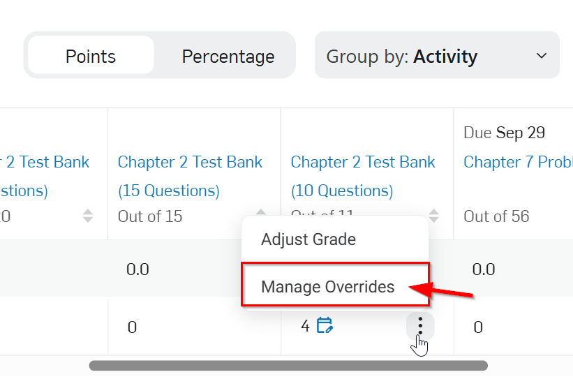 Manage Overrides selected by clicking the three dots next to the grade