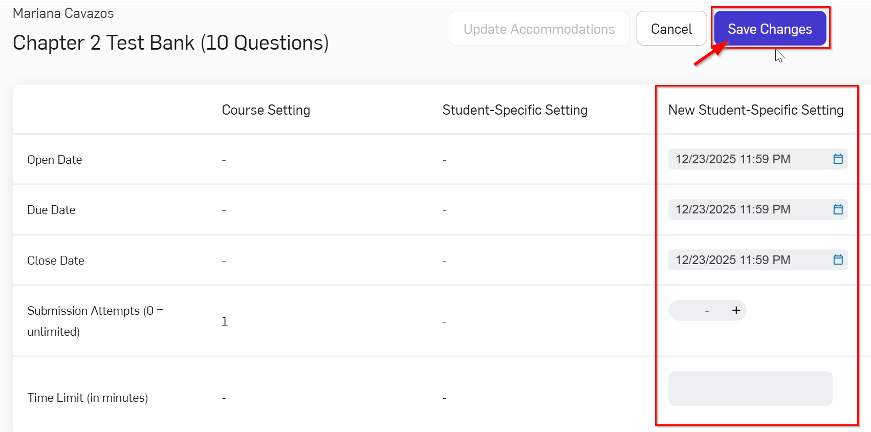 New Student-Specific Settings shown on the right and the "Save Changes" button on the top right 
