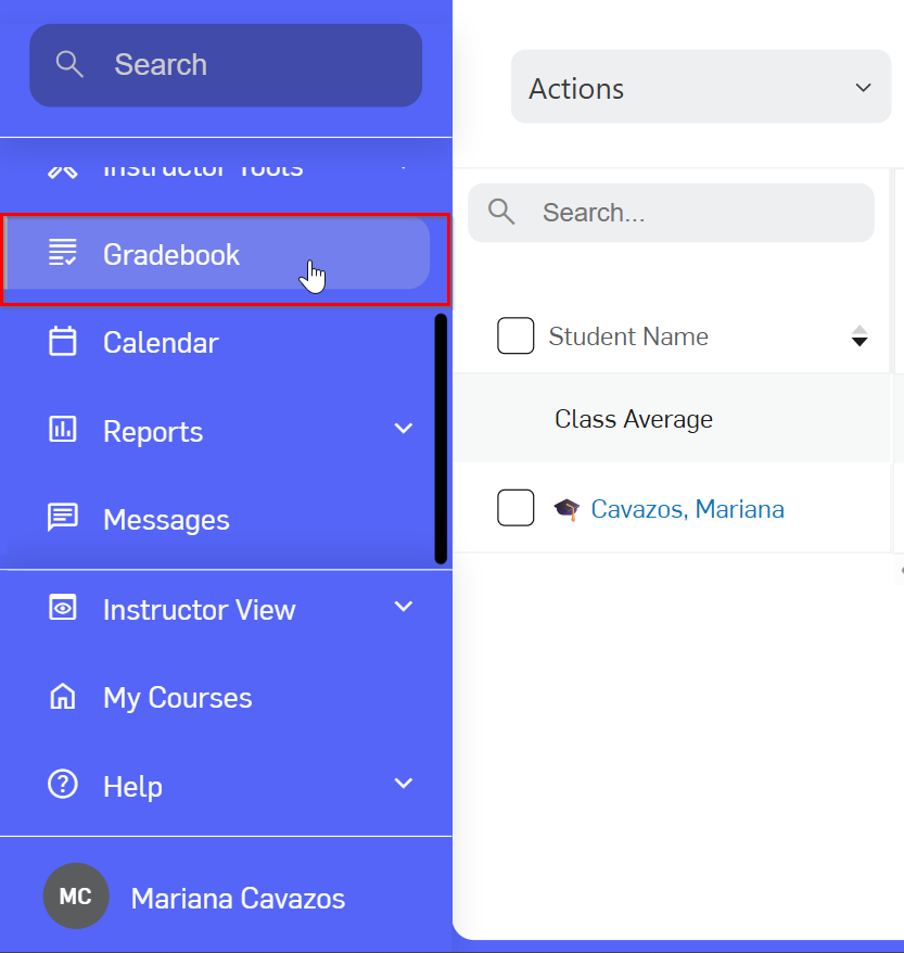 Gradebook selected on the left side menu under Instructor Tools