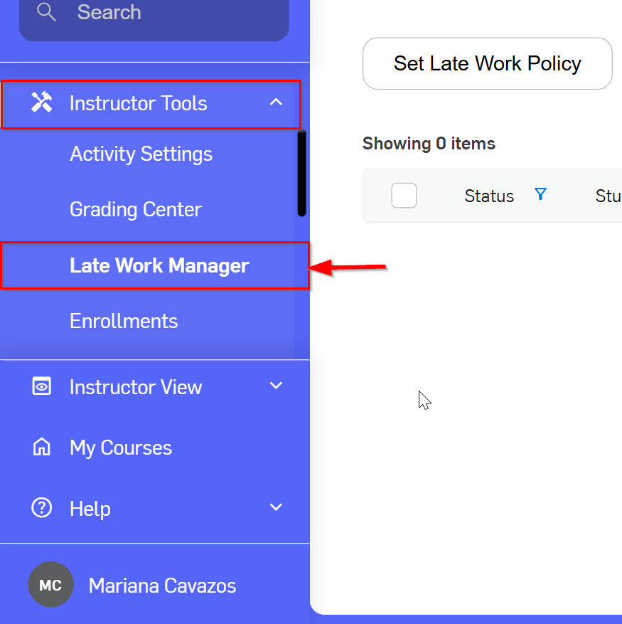 Left side menu showing Instructor Tools and Late Work Manager selected below