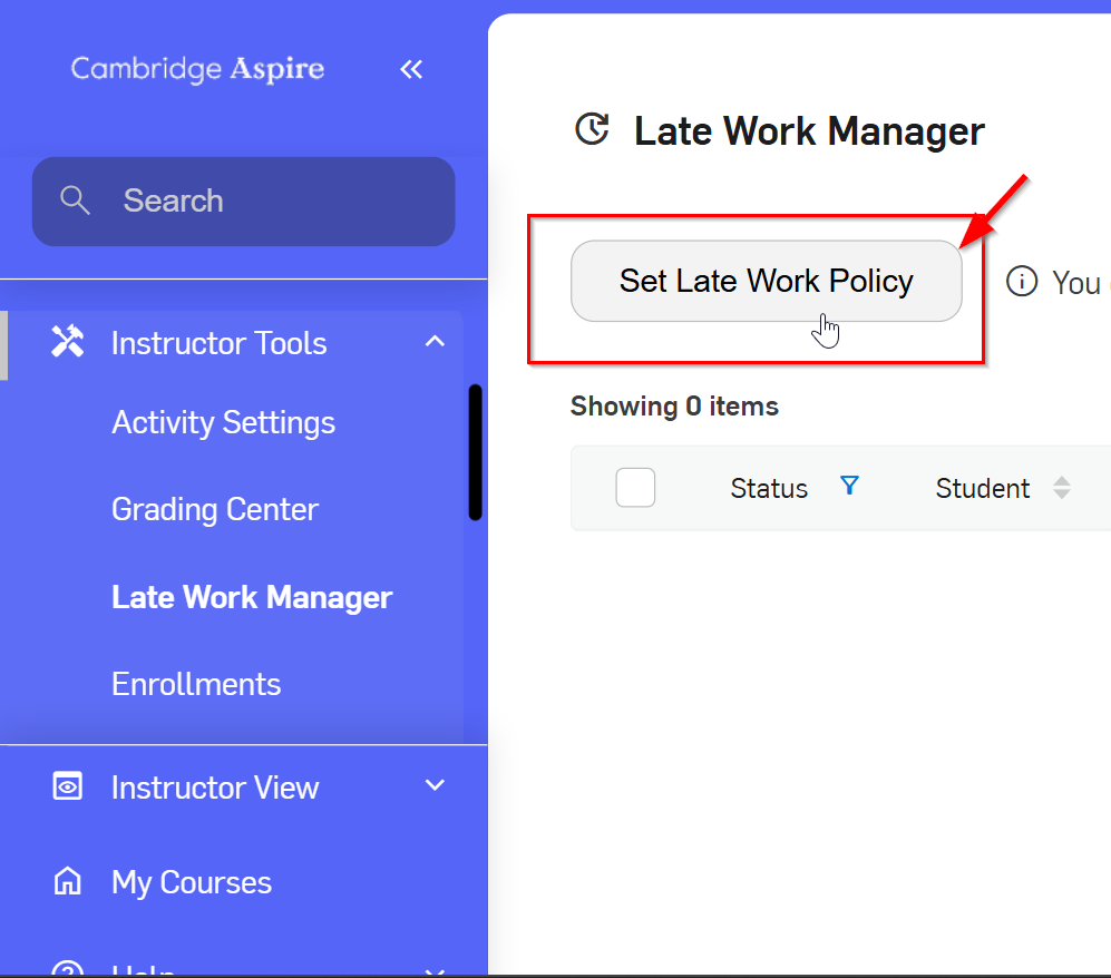 Set Late Work Policy button selected under Late Work Manager
