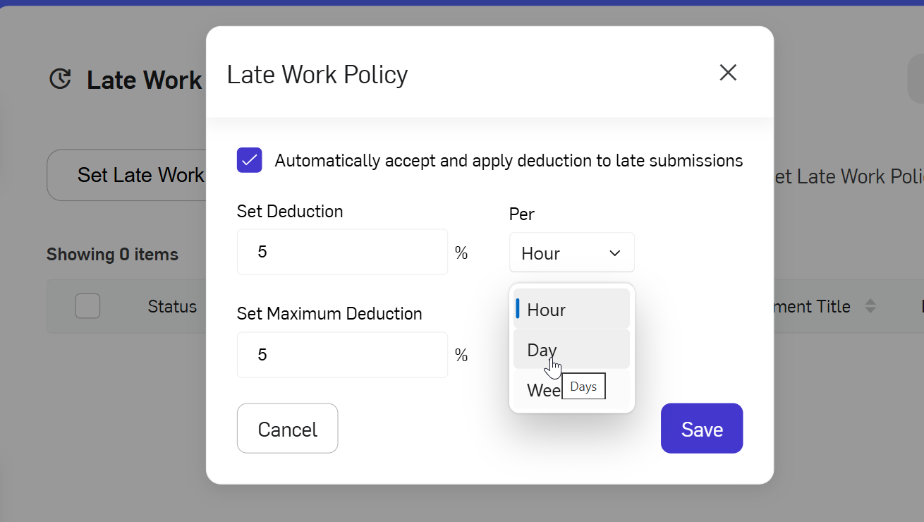 Late Work Policy screen showing an option to Automatically accept and apply deduction to late submissions, Deduction percentage, dropdown menu to deduce per hour, day and week, maximum deduction percentage and a blue save button on the bottom right