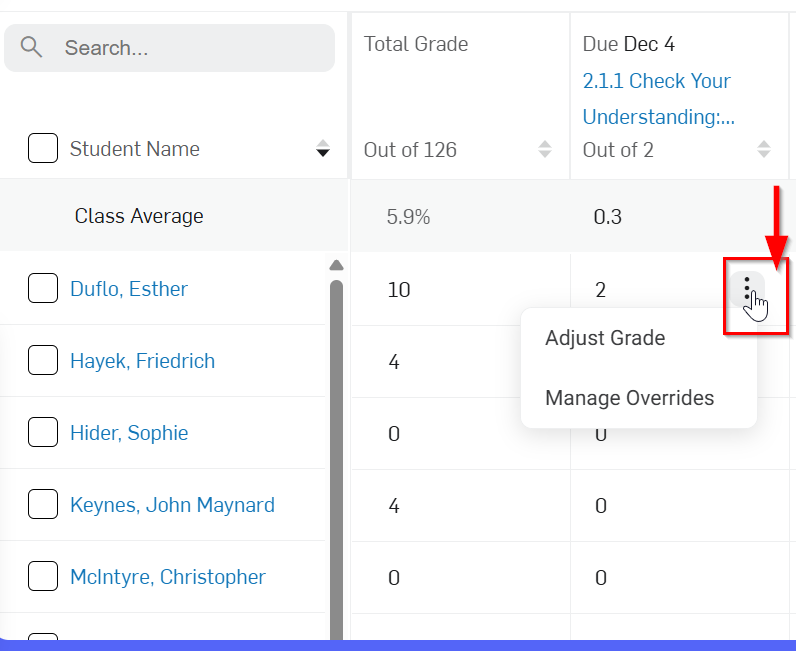 Gradebook screen showing a three dots button to the right of the grade prompting a menu with the options Adjust Grade and Manage Overrides