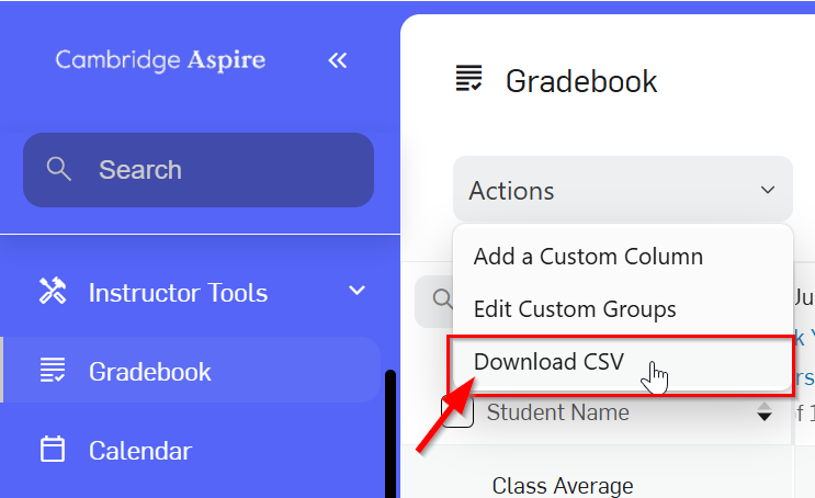 Actions dropdown menu with the option to Download CSV selected