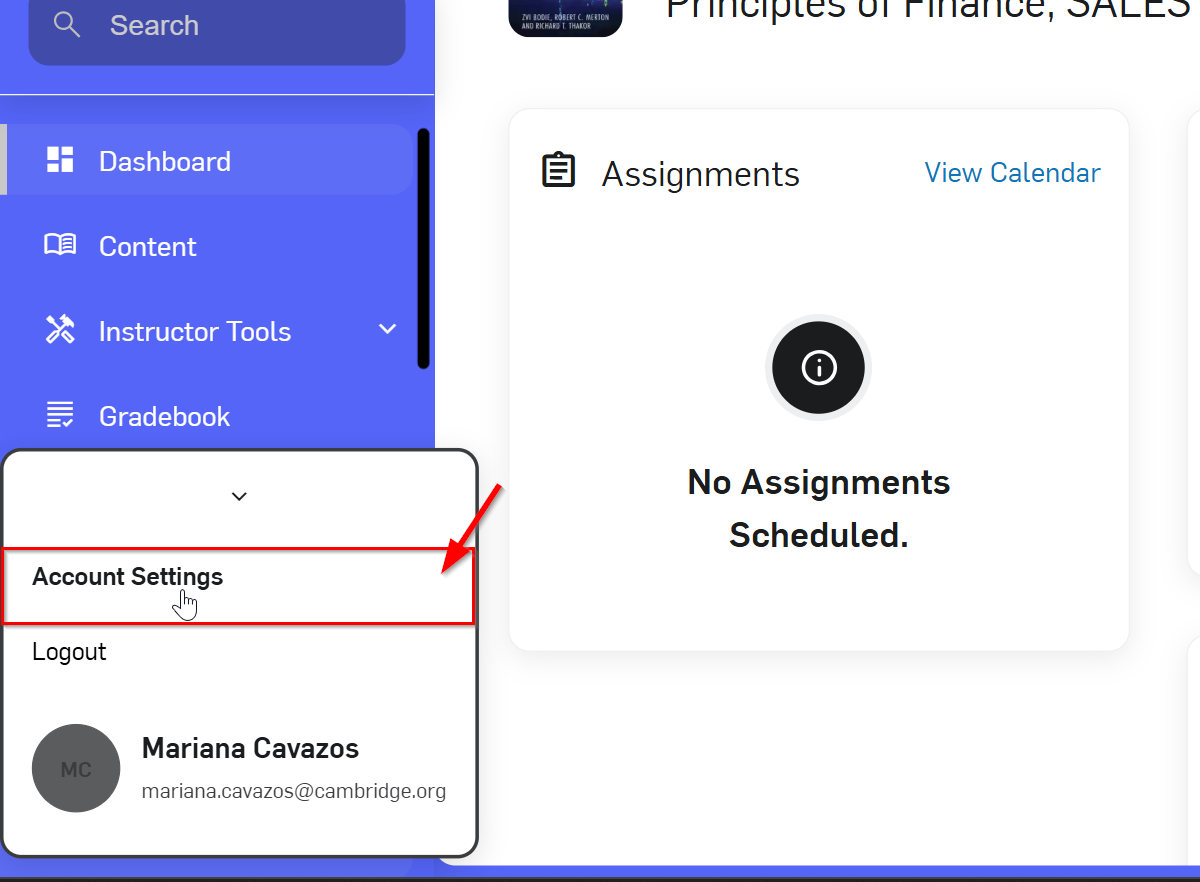 Main instructor dashboard showing the displayed menu on the bottom with the Account settings option, logout, and name