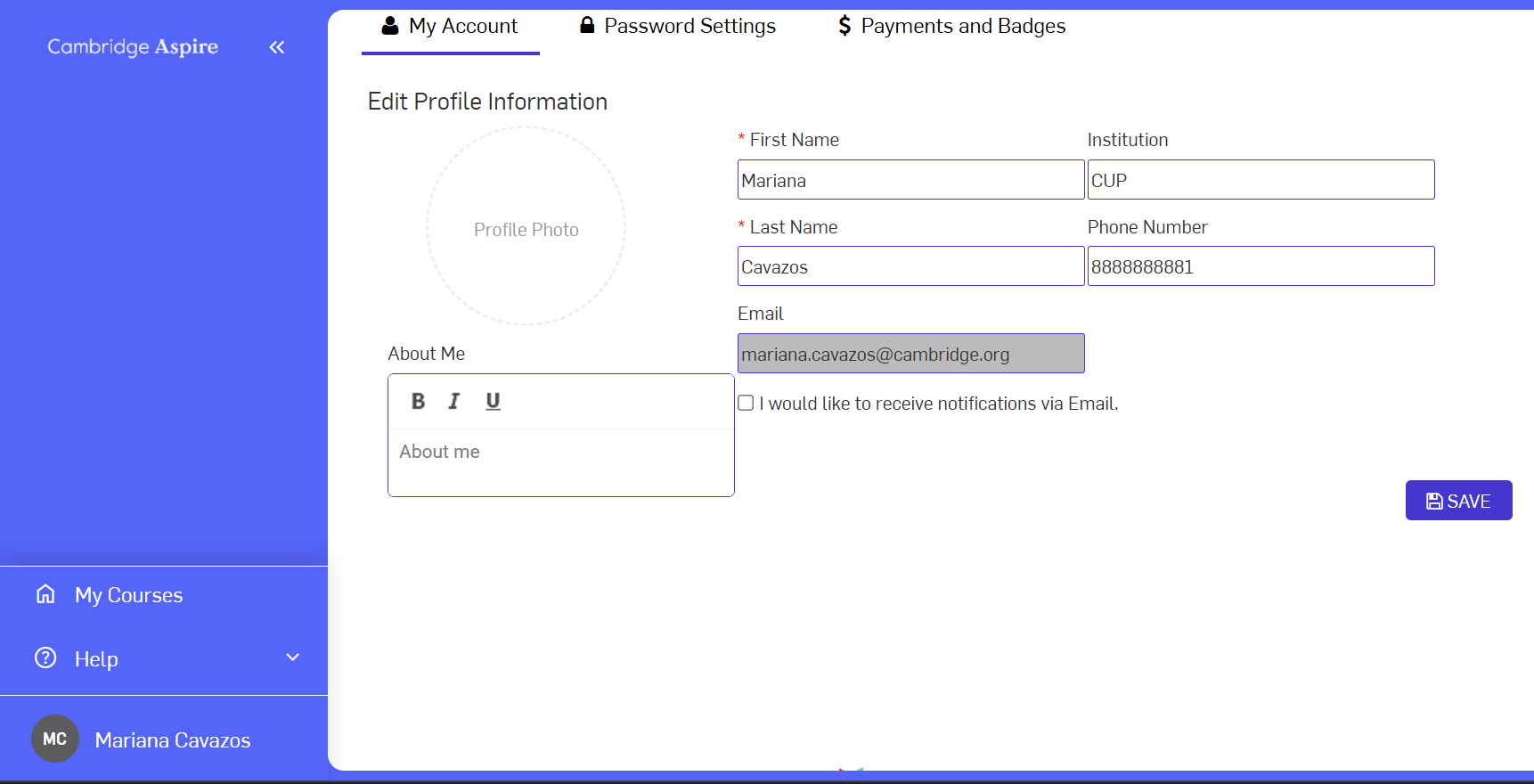 Account settings screen with fields to change About me, First Name, Last name, Email, Institution, Phone number. Save blue button on the bottom right