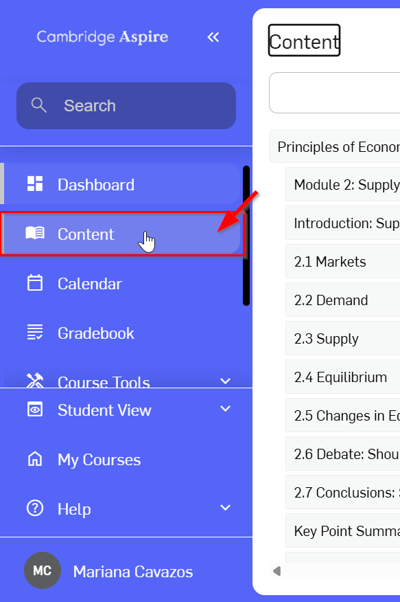 Content selected on the left.side menu under Dashboard