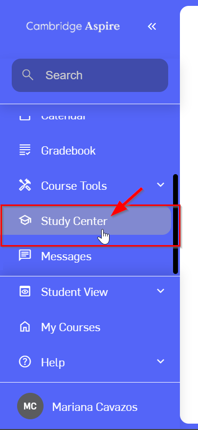 Study Center shown on the left-side menu under Course Tools