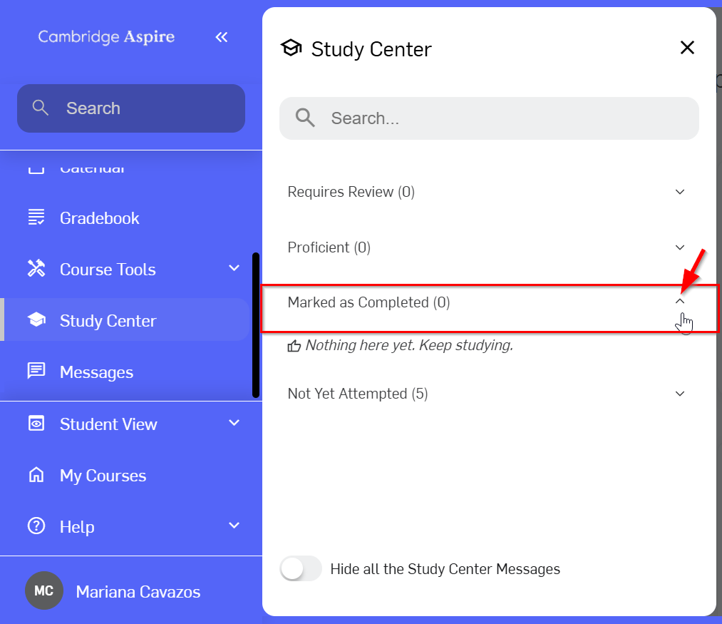 Study Center screen showing a list of options pointing to completed items