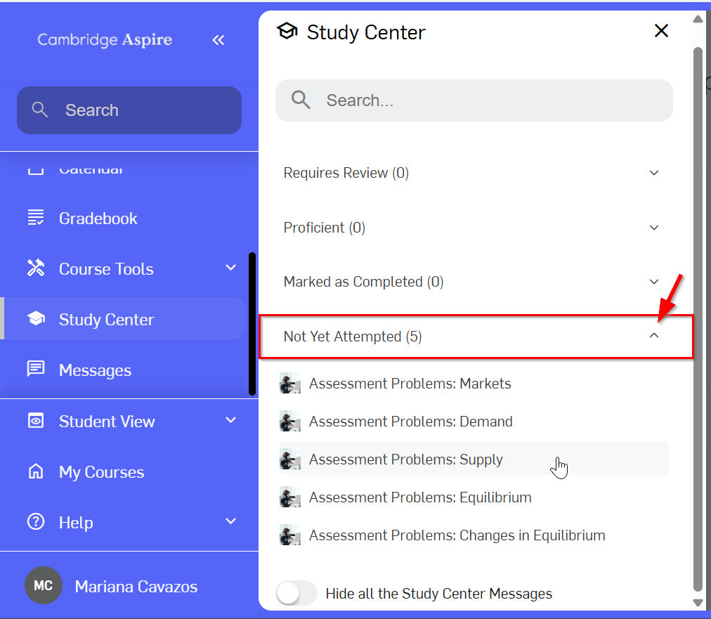 Study Center screen showing a list of options pointing to activities not yet attempted
