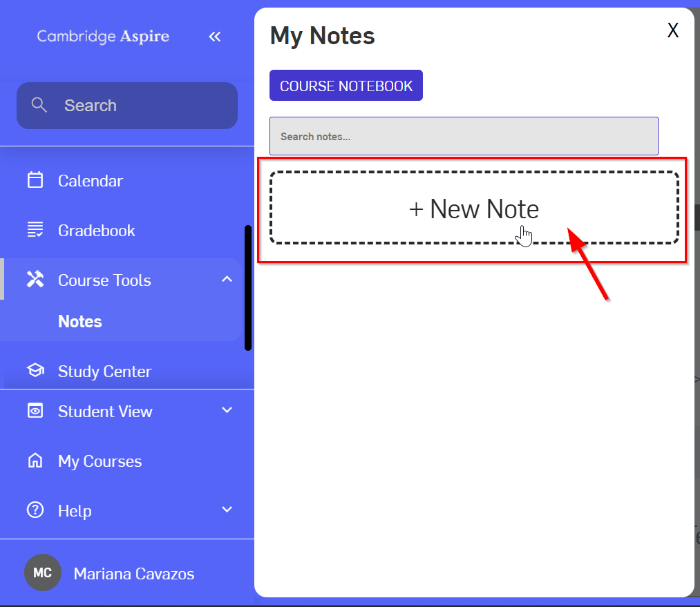 My Notes screen shwoing a blue course notebook button, a search bar and a box with a plus sign and New Note
