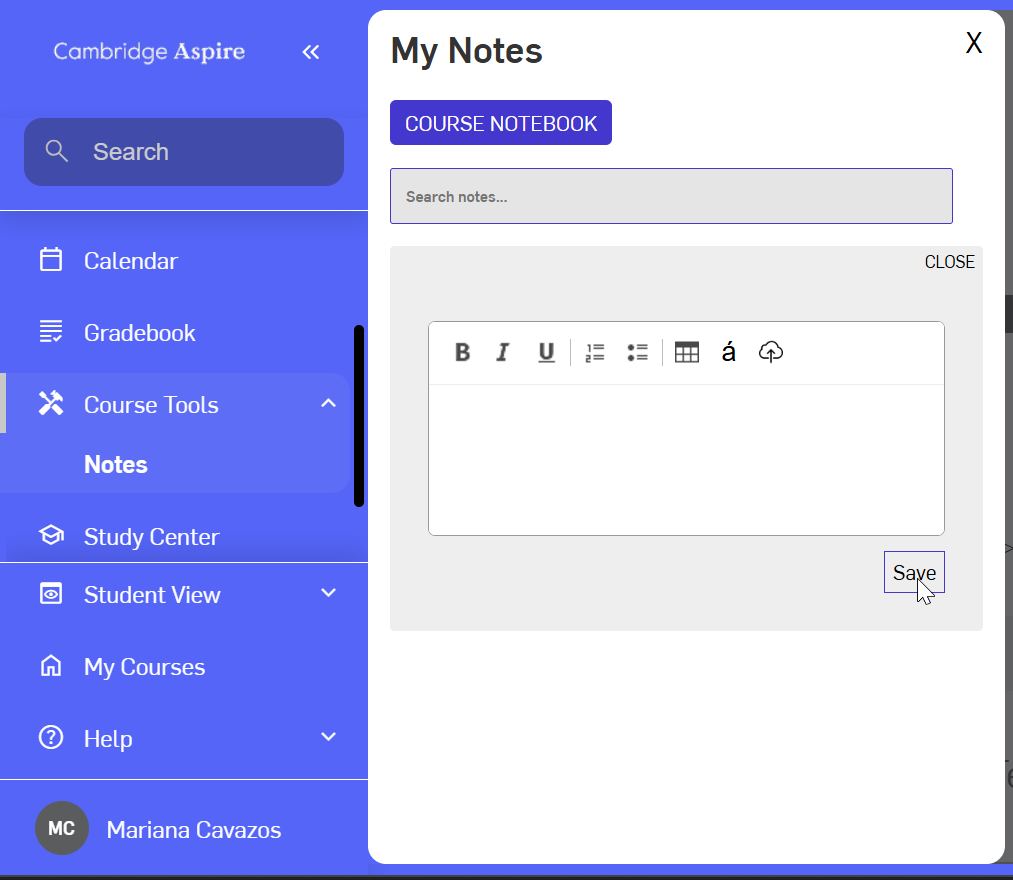 My Notes screen showing the text box displayed with different option for format and a Save button at the right bottom