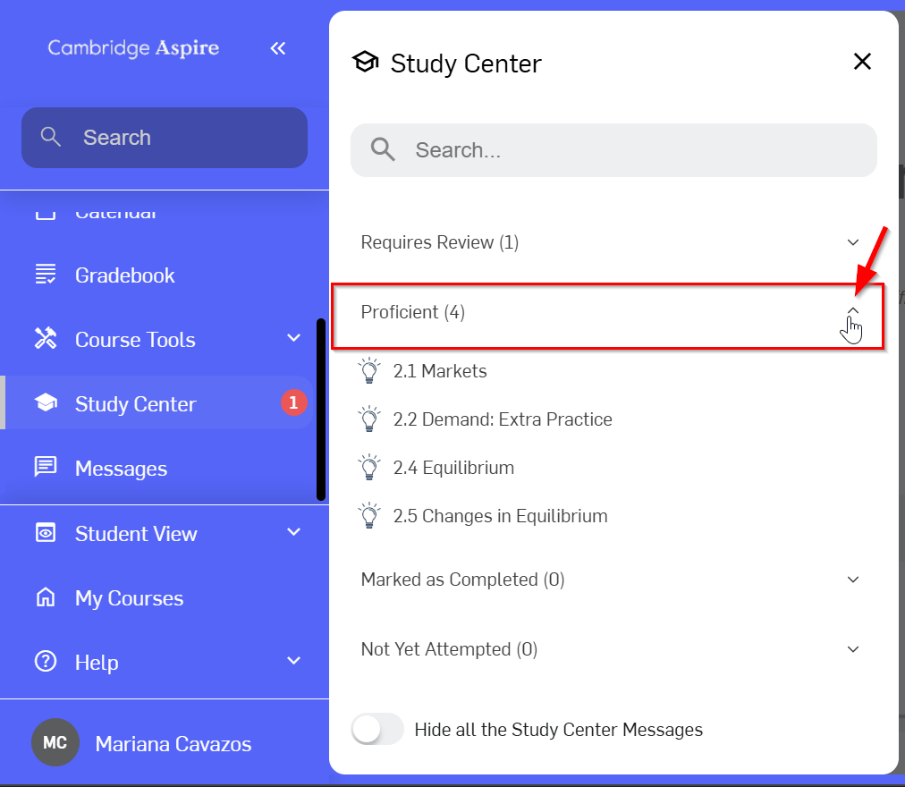 Study Center screen showing a list of options pointing to items you are proficient at