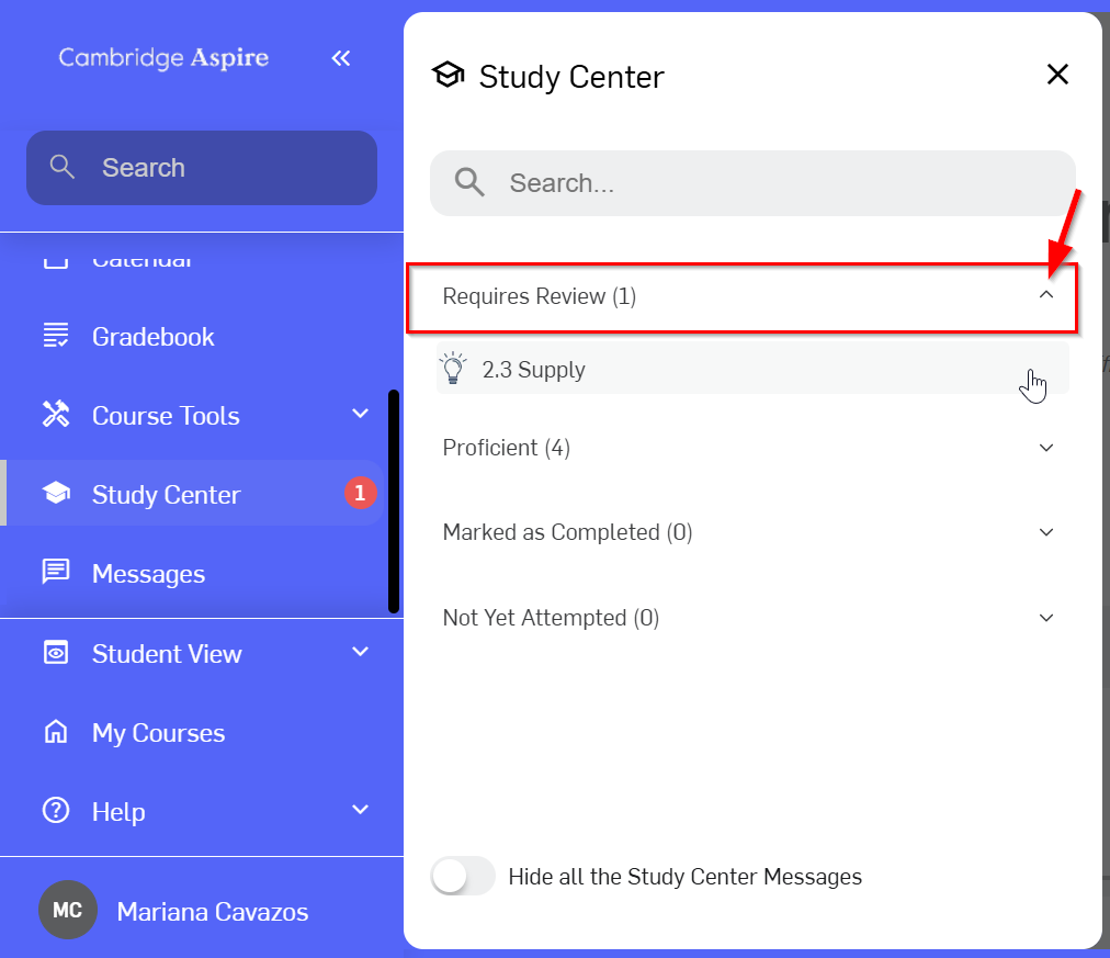 Study Center screen showing a list of options pointing to items that require review