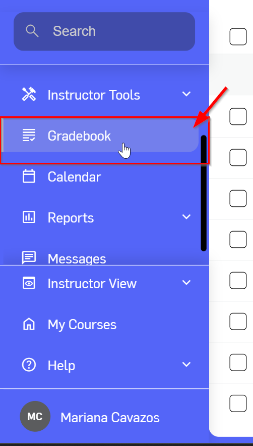 Gradebook selected on the left-side menu below Instructor Tools