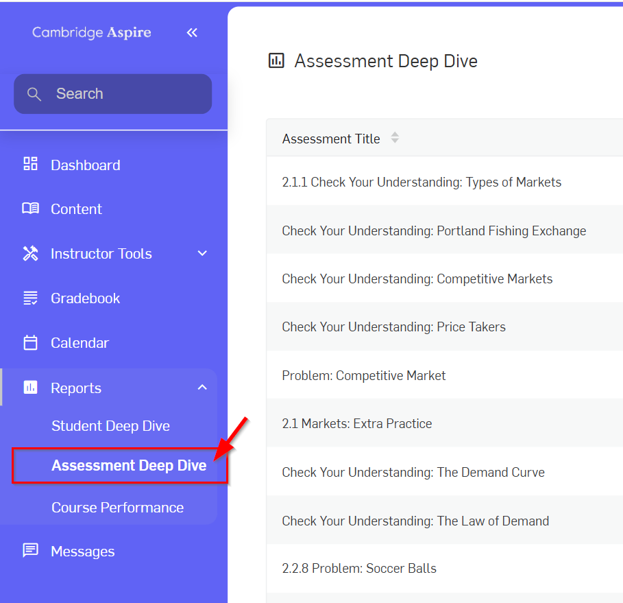 Assessment Deep Dive shown below Reports on the left-hand menu
