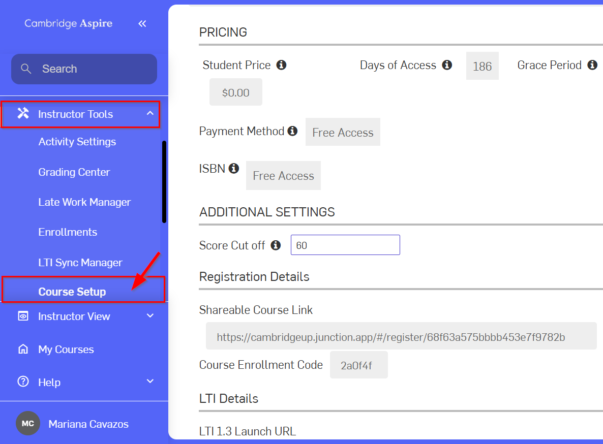 Screen showing Instructor Tools and Course Setup selected below