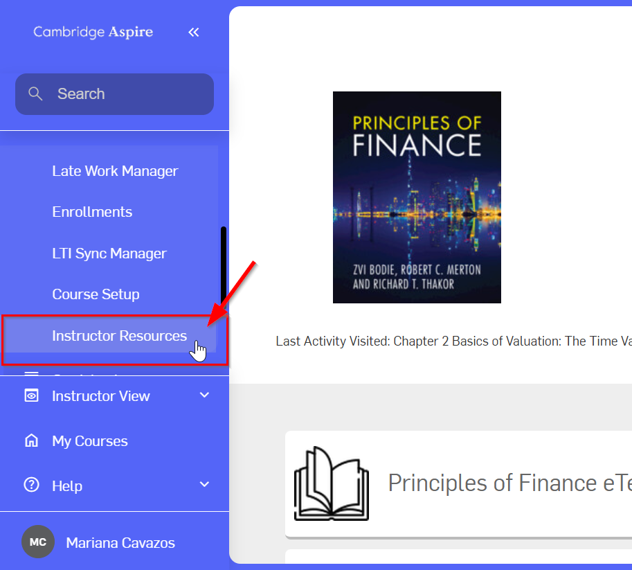 Instructors Resources option located on the left side menu under Instructor Tools section