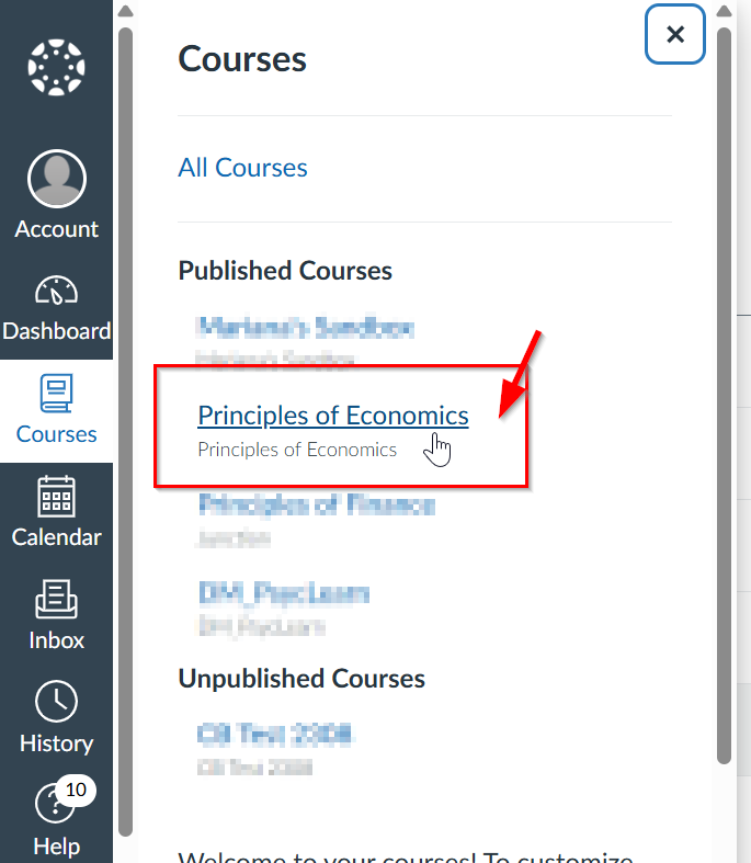 Canvas Courses option on the left, menu displayed on the right
