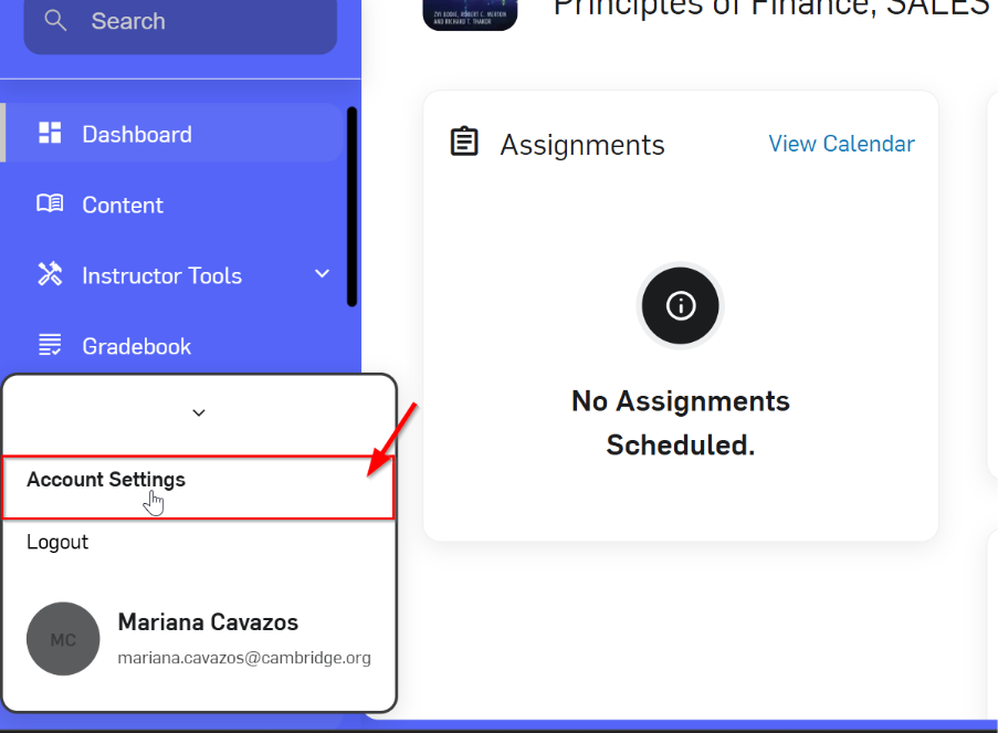 Main instructor dashboard showing the displayed menu on the bottom with the Account settings option, logout, and name