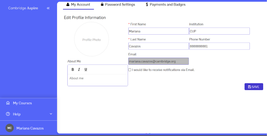 Account settings screen with fields to change About me, First Name, Last name, Email, Institution, Phone number. Save blue button on the bottom right