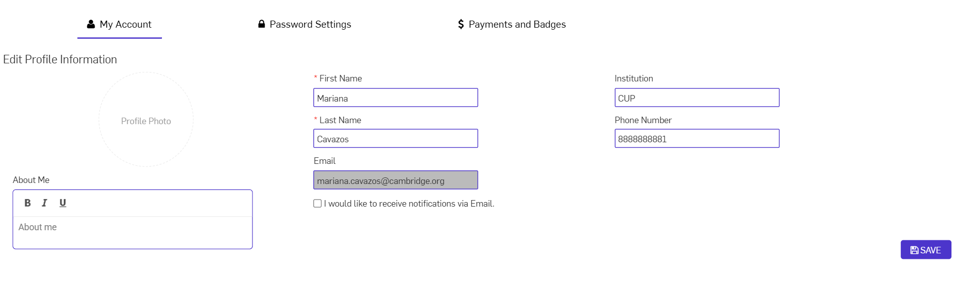 Account settings screen with fields to change About me, First Name, Last name, Email, Institution, Phone number. Save blue button on the bottom right