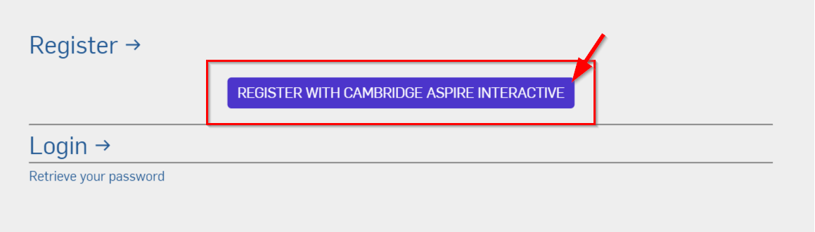 Register screen showing Register button on the top and a blue button with the text Register with Cambridge Aspire Interactive