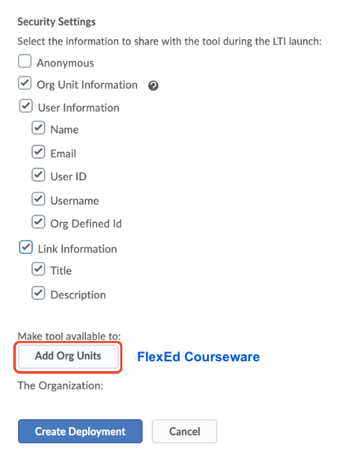 Security settings window showing selected options and a gray button to "Add Org Units" on the bottom left side