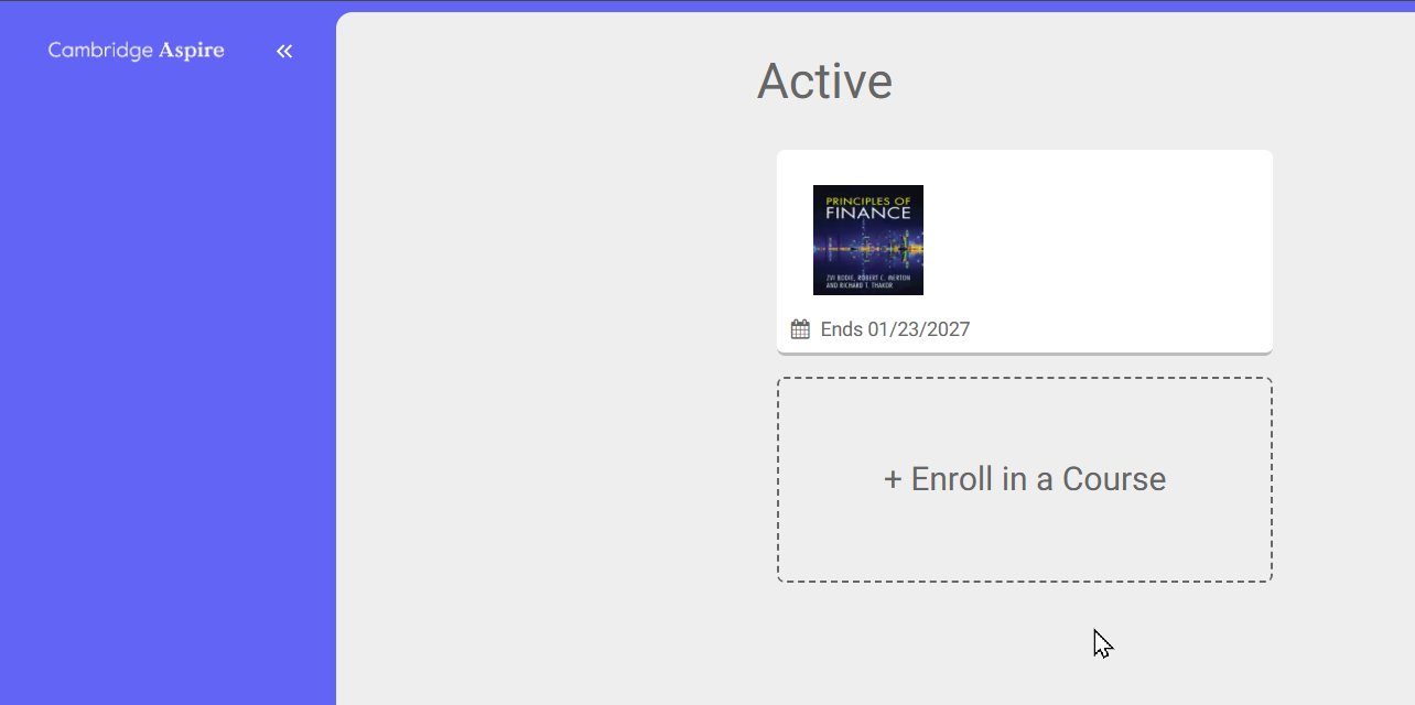 Main screen showing a box with the text Enroll in a course.png