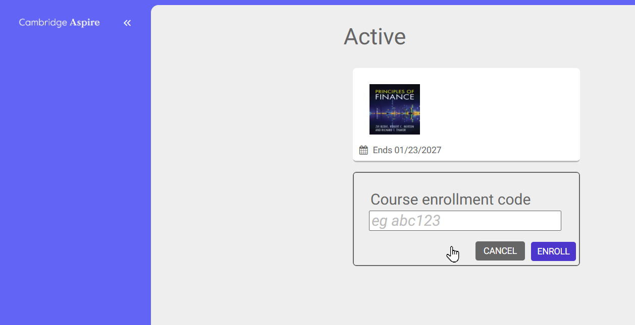 Main screen showing a box to input the Course enrollment code.png