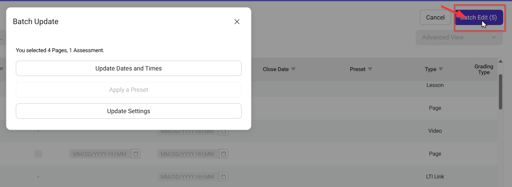 Pop up Batch Update window and a Batch Edit blue button on the top right.png